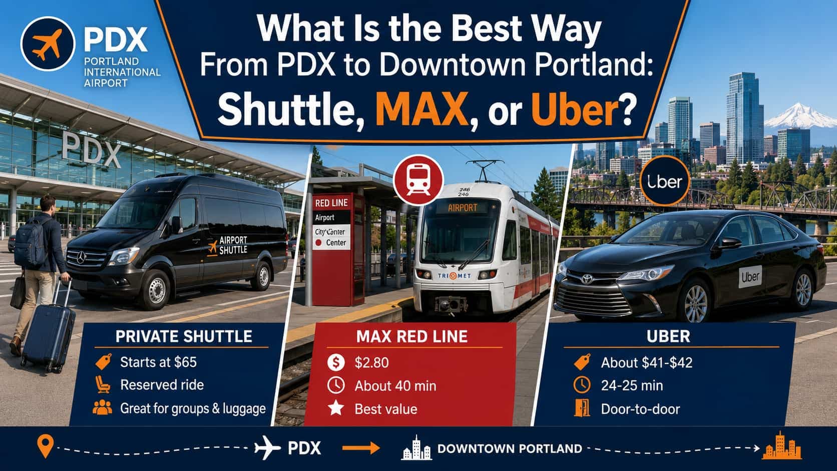 PDX to Downtown Portland: Shuttle vs MAX vs Uber
